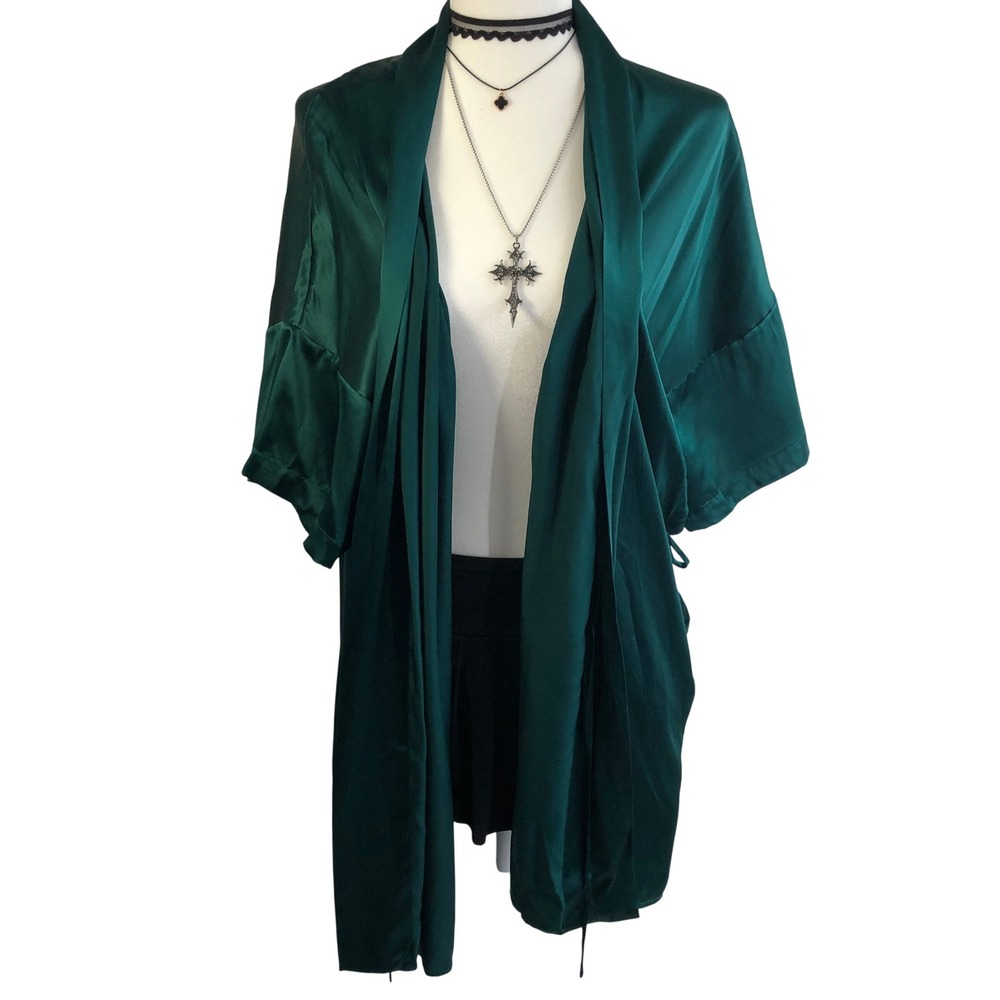 Vintage 90s Silx 100% Silk Kimono Duster Robe Emerald Green Womens M Whimsigoth